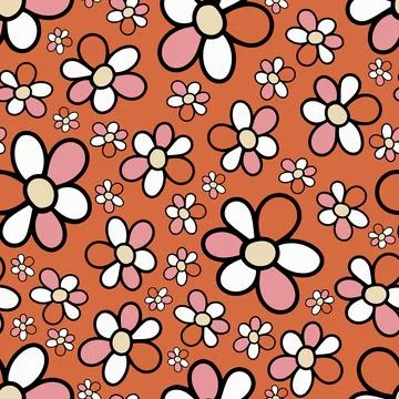 Seamless Pattern with Doodle Hand Drawn Daisy Flower on Red Background. Stock Illustration