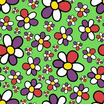 Seamless Pattern with Doodle Hand Drawn Daisy Flower on Green Background. Stock Illustration