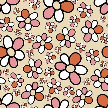 Seamless Pattern with Doodle Hand Drawn Daisy Flower on Yellow Background. Illustrazione stock
