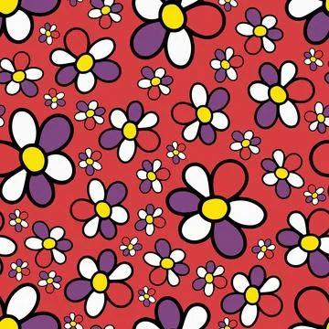 Seamless Pattern with Doodle Hand Drawn Daisy Flower on Red Background. Stock Illustration
