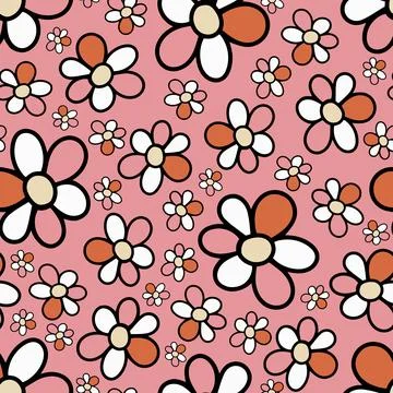 Seamless Pattern with Doodle Hand Drawn Daisy Flower on Pink Background. Stock Illustration