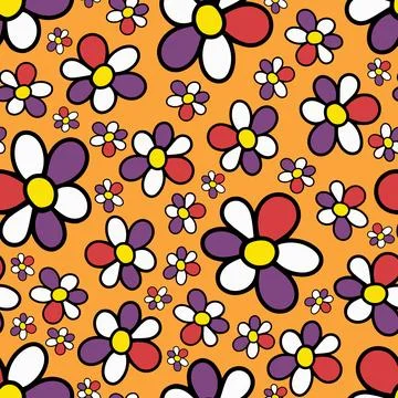 Seamless Pattern with Doodle Hand Drawn Daisy Flower on Orange Background. Illustrazione stock