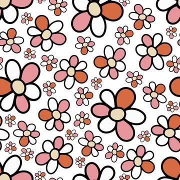 Seamless Pattern with Doodle Hand Drawn Daisy Flower on White Background. Illustrazione stock