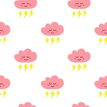 Seamless pattern with doodle happy clouds. Stock Illustration