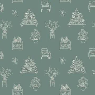 Seamless pattern with doodle house plants on green background. Stock Illustration