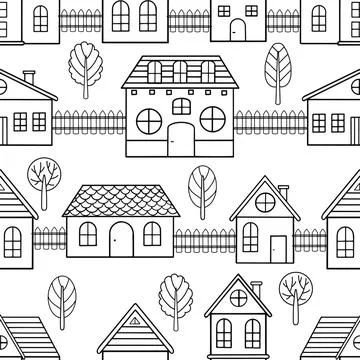 Seamless pattern of doodle houses. Great for fabric, textile vector illustration Stock Illustration