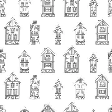 Seamless pattern doodle houses on white background. Vector illustration. Ha.. Ilustración de archivo