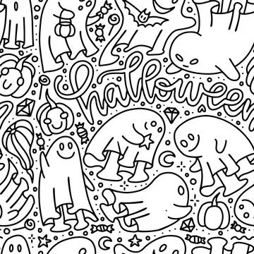 Seamless pattern with doodle illustration of ghosts on a white background with Stockillustratie