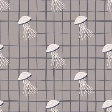 Seamless pattern with doodle jellyfishes elements. Diagonal marine animalisti Stock Illustration