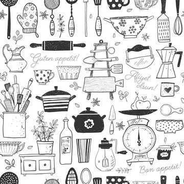 Seamless pattern with doodle kitchen utensils. Can be used for wallpaper Stock Illustration
