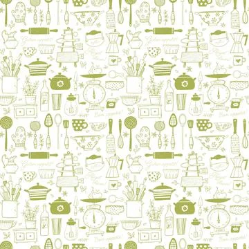 Seamless pattern with doodle kitchen utensils. Can be used for wallpaper Stock Illustration