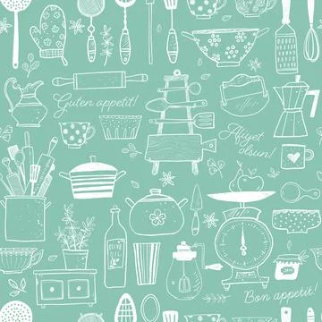 Seamless pattern with doodle kitchen utensils. Can be used for wallpaper Stock Illustration