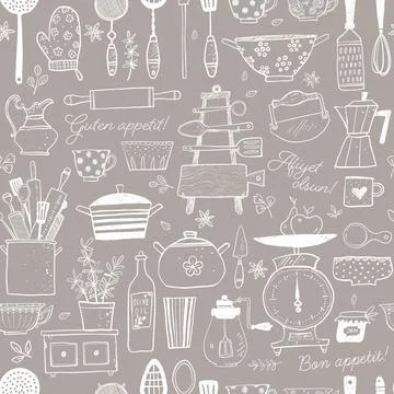 Seamless pattern with doodle kitchen utensils. Can be used for wallpaper Stock Illustration