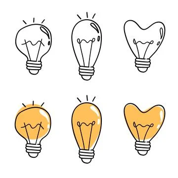 Seamless Pattern with Doodle Line Art Light Bulbs. Hand Drawn Yellow and Bl.. Stock Illustration