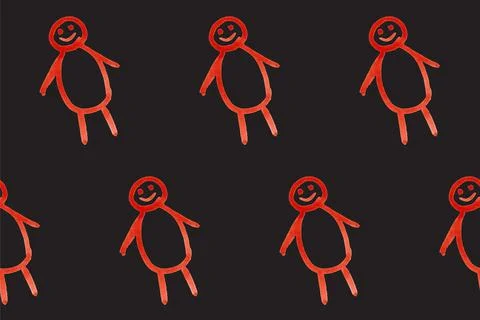 Seamless pattern with doodle man on black board. Children's cute illustration Stock Illustration