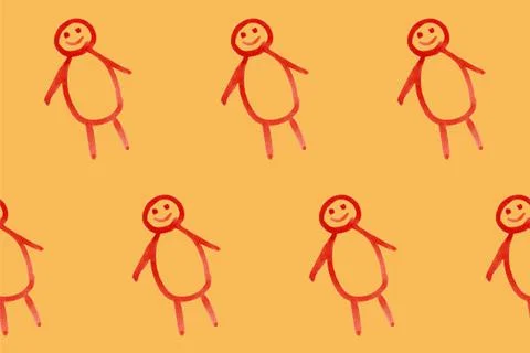 Seamless pattern with doodle man on orange board. Children's cute illustratio Stock Illustration