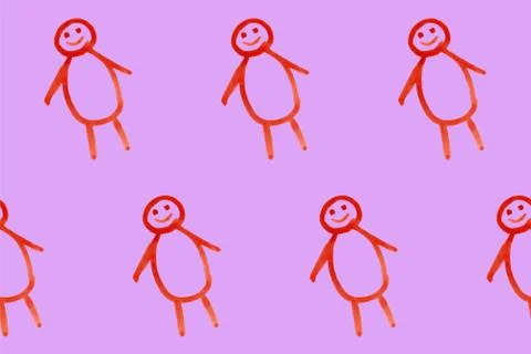 Seamless pattern with doodle man on purple board. Children's cute illustration Stock Illustration