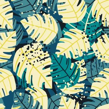 Seamless pattern with doodle monstera line leaves on blue background. Stock Illustration