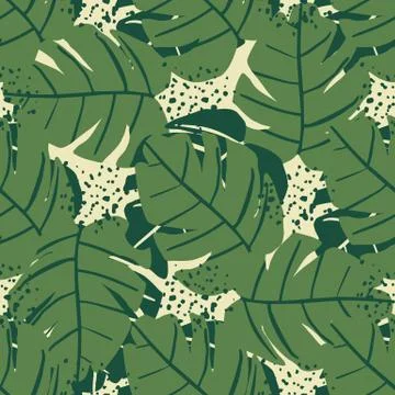 Seamless pattern with doodle monstera line leaves. Philodendron plant. Stock Illustration