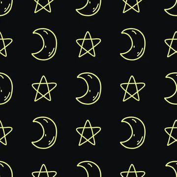 Seamless pattern with doodle moon and stars in neon yellow color on black Stock Illustration