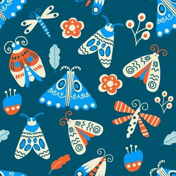 Seamless pattern with doodle moths, butterflyes, dragonflies and plants Stock Illustration