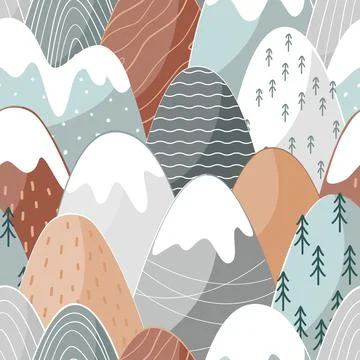 Seamless pattern with doodle mountains in scandinavian style. Decorative イラスト素材