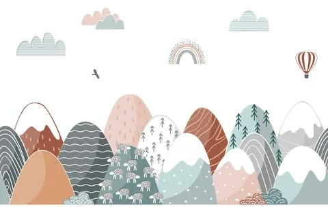 Seamless pattern with doodle mountains in Scandinavian style. Decorative 스톡 일러스트