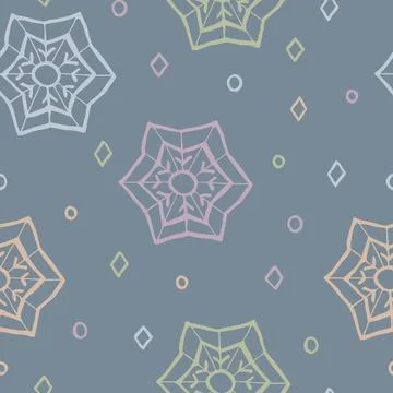 Seamless pattern with doodle multicolored snowflakes on a gray background. Stock Illustration