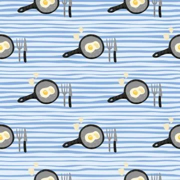 Seamless pattern with doodle omelette on pan ornament. Breakfast print with d Stock Illustration