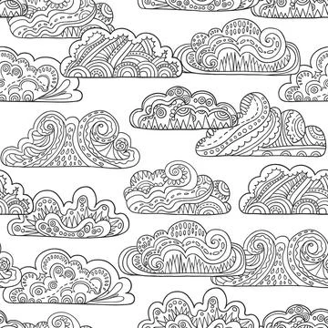 Seamless pattern with doodle ornate black and white mandala clouds. Hand drawn Stockillustratie