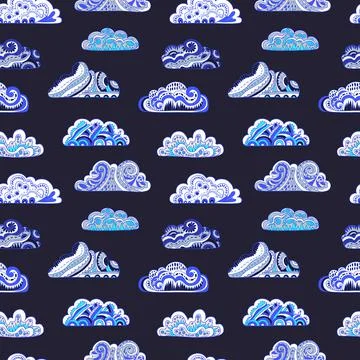 Seamless pattern with doodle ornate mandala clouds. Hand drawn vector Stockillustratie