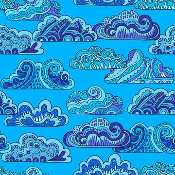 Seamless pattern with doodle ornate mandala clouds. Hand drawn vector Stockillustratie