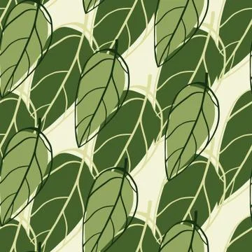 Seamless pattern with doodle outline leaves. Hand drawn botanic print in gree Stock Illustration