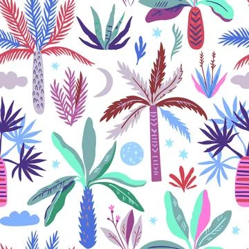 Seamless pattern with doodle palm trees moon and stars. Print with exotic m.. Stock Illustration