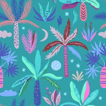 Seamless pattern with doodle palm trees moon and stars. Print with exotic m.. Stock Illustration