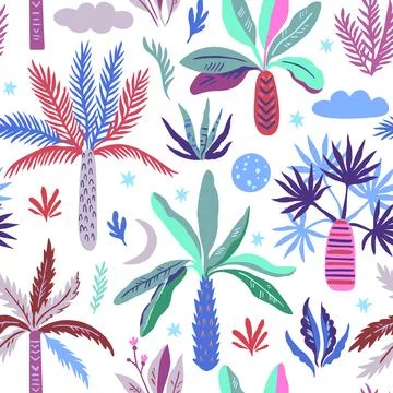Seamless pattern with doodle palm trees moon and stars. Print with exotic m.. Stock Photos