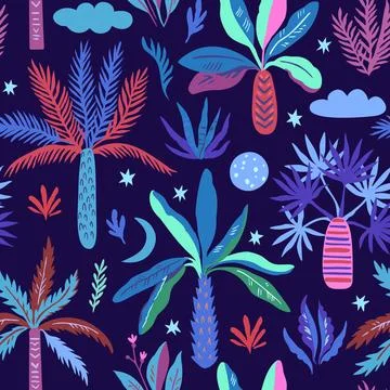 Seamless pattern with doodle palm trees moon and stars. Print with exotic m.. Foto stock