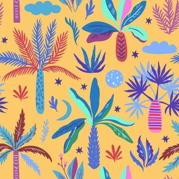 Seamless pattern with doodle palm trees moon and stars. Print with exotic m.. Stock Photos