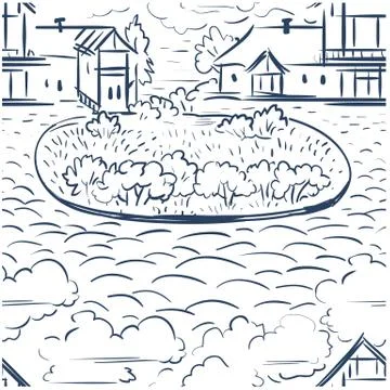 Seamless pattern doodle paving stone in the spacious yard with big house Stock Illustration