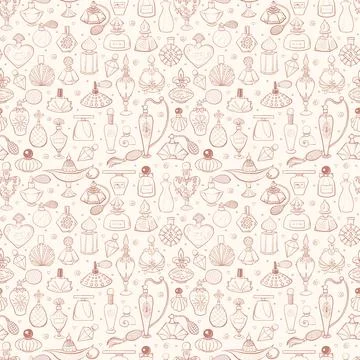 Seamless pattern with doodle perfumes in vintage style. Can be used for Stock Illustration