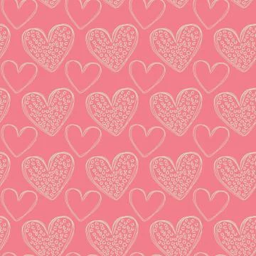 Seamless pattern of doodle pink hearts on a ballet-pink background.  스톡 일러스트
