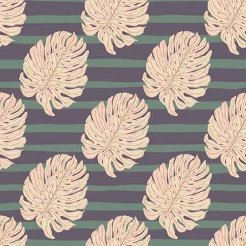 Seamless pattern with doodle pink monstera leaves silhouettes print. Purple s Stock Illustration
