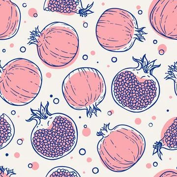Seamless pattern doodle pomegranates. Healthy vegetarian food. Cartoon comi.. Stock Illustration