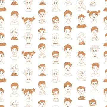 Seamless pattern with doodle portraits cute smiling girls and boys on white.. Stock Illustration