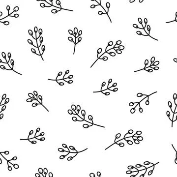 Seamless pattern with doodle pussy willow twigs. Stock Illustration