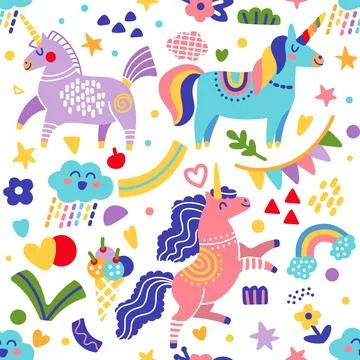 Seamless pattern doodle rainbow unicorns and elements vector illustration 스톡 일러스트