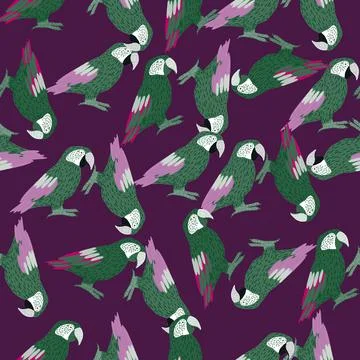 Seamless pattern with doodle random green ara parrot print. Purple background Illustrazione stock
