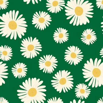 Seamless pattern with doodle random white colored daisy flowers print. Green  Stock Illustration