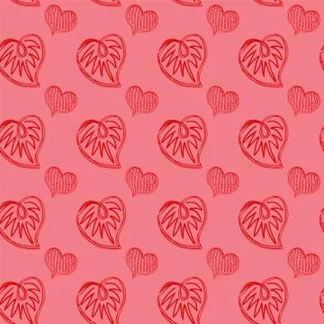 Seamless pattern of doodle red hearts on a pink backdrop. Stock Illustration