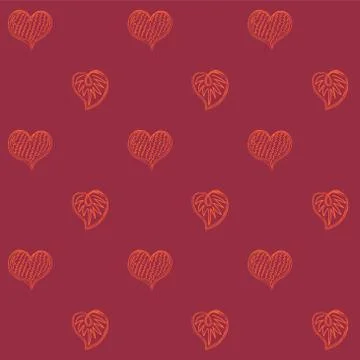 Seamless pattern of doodle red-orange hearts on a burgundy backdrop. 스톡 일러스트
